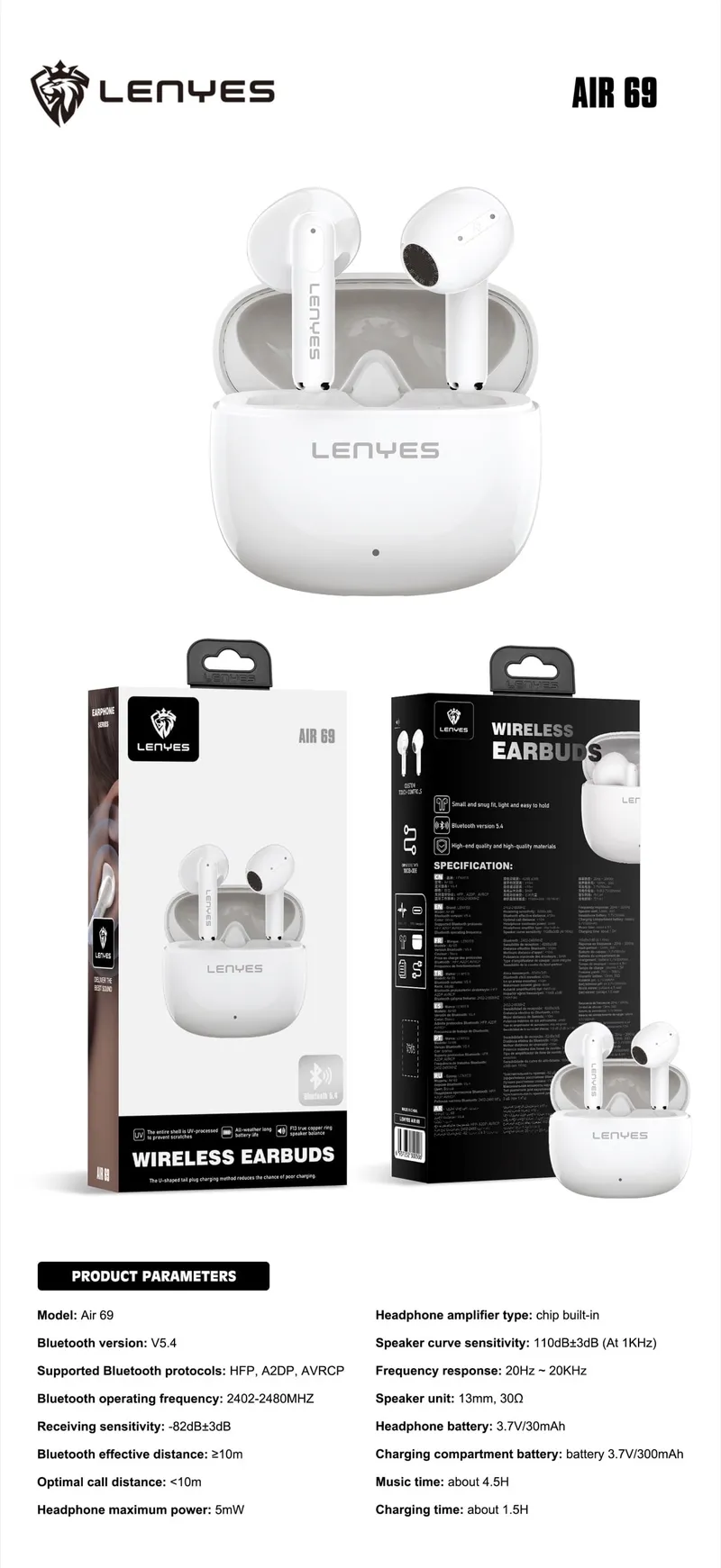 Lenyes Wireless Earbuds AIR 69
