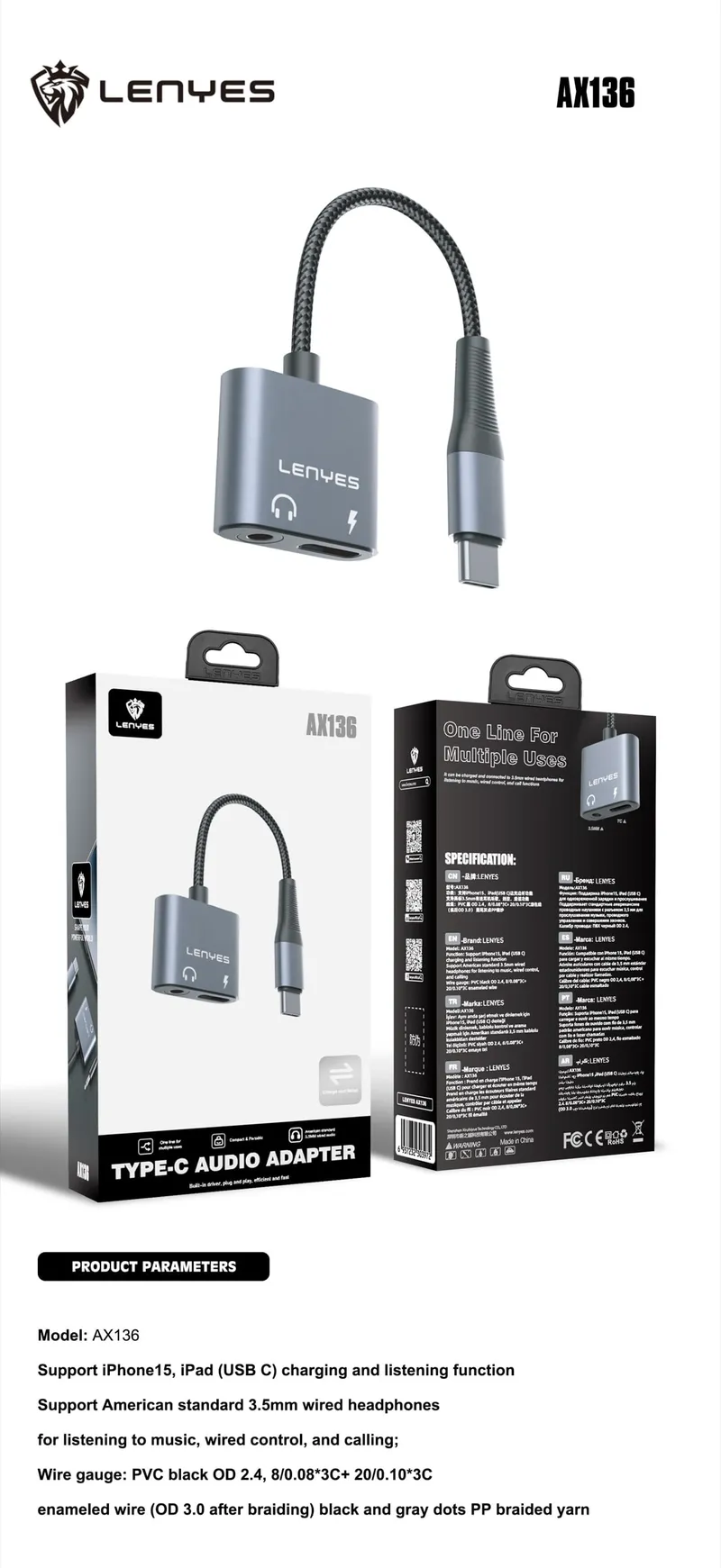 Lenyes USB-C Charging and 3.5 mm Audio Adapter AX136