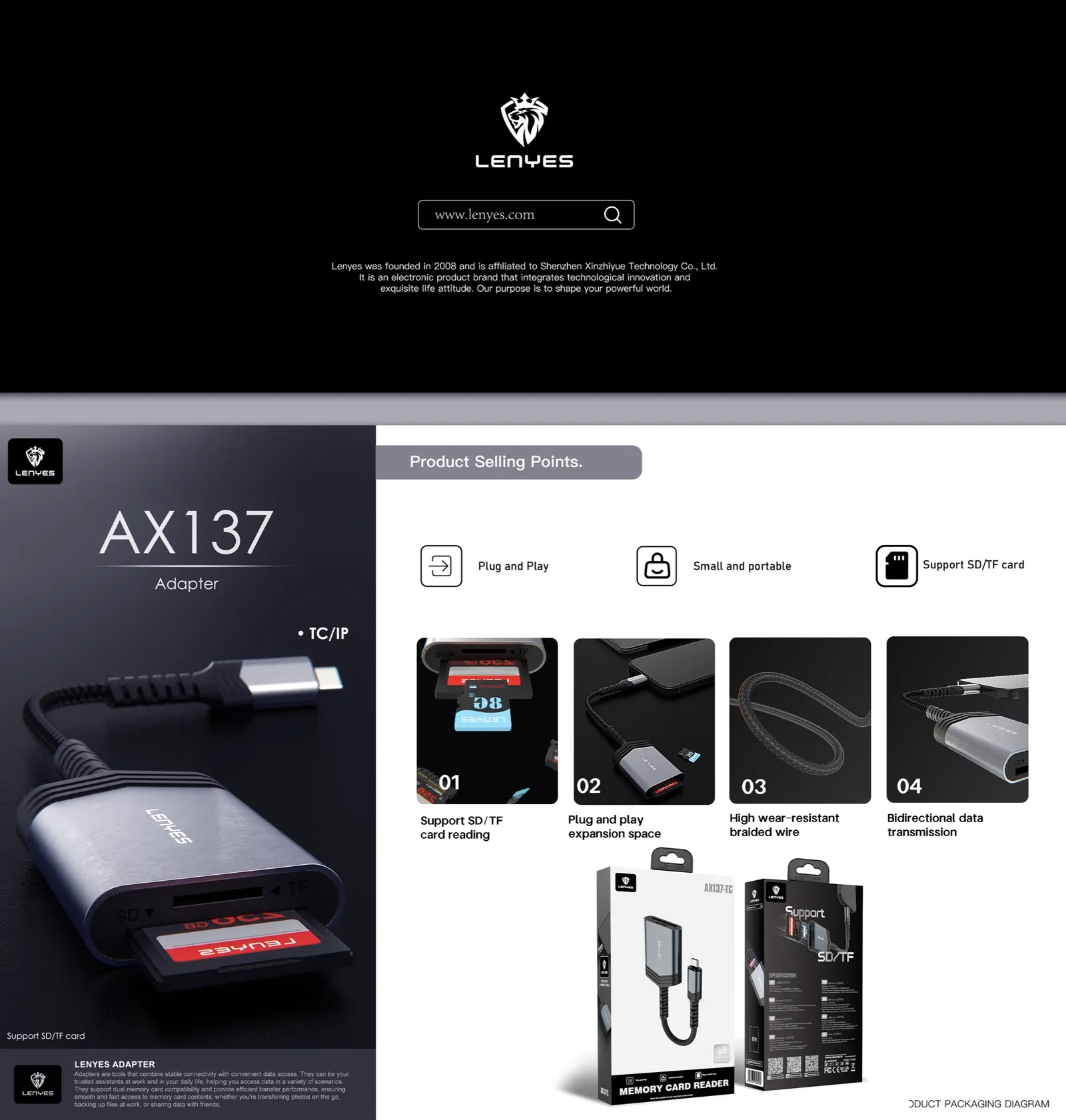 Lenyes USB-C SD/TF Card Reader AX137