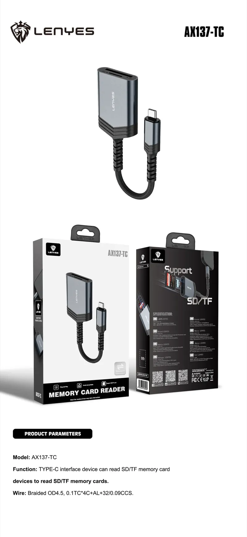 Lenyes USB-C SD/TF Card Reader AX137