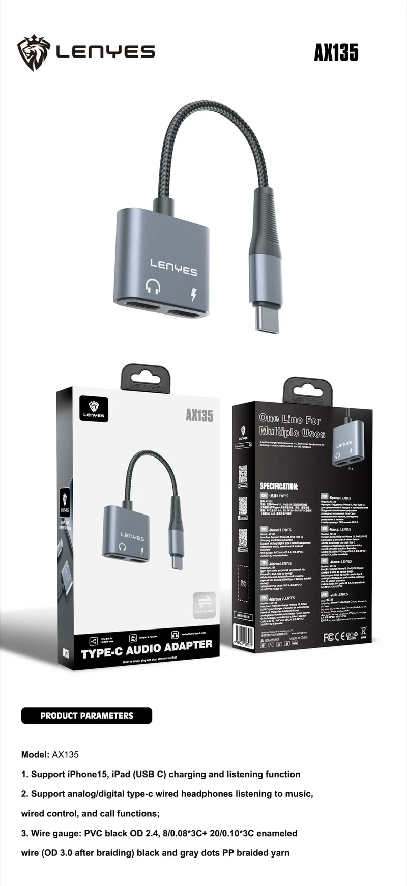 Lenyes USB-C to Dual 3.5 mm Audio Adapter AX135