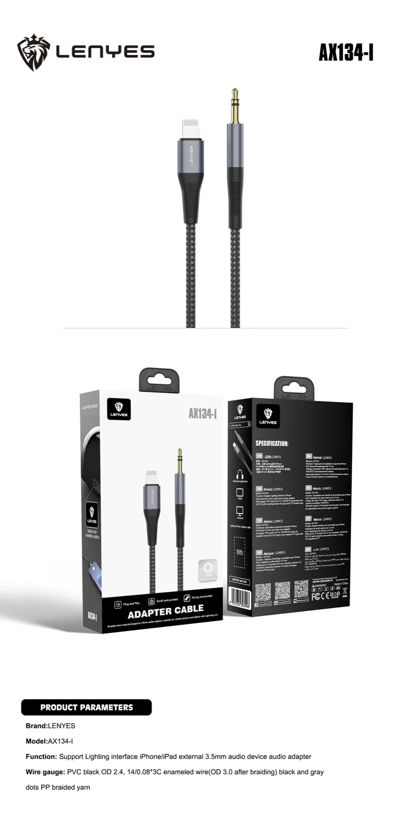 Lenyes Lightning to 3.5 mm Audio Cable AX134-I