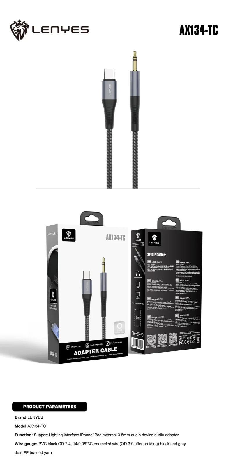 Lenyes USB-C to 3.5 mm Audio Cable AX134-TC